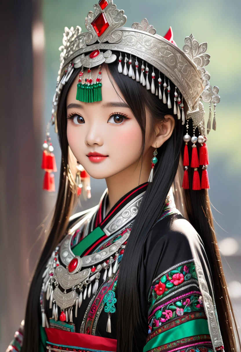 A young 18-year-old Chinese ethnic minority girl, with lustrous jet-black hair, wearing exquisite traditional Miao ethnic clothing, a magnificent silver crown adorned with ruby and emerald jewels ((centered)), 32K, highres