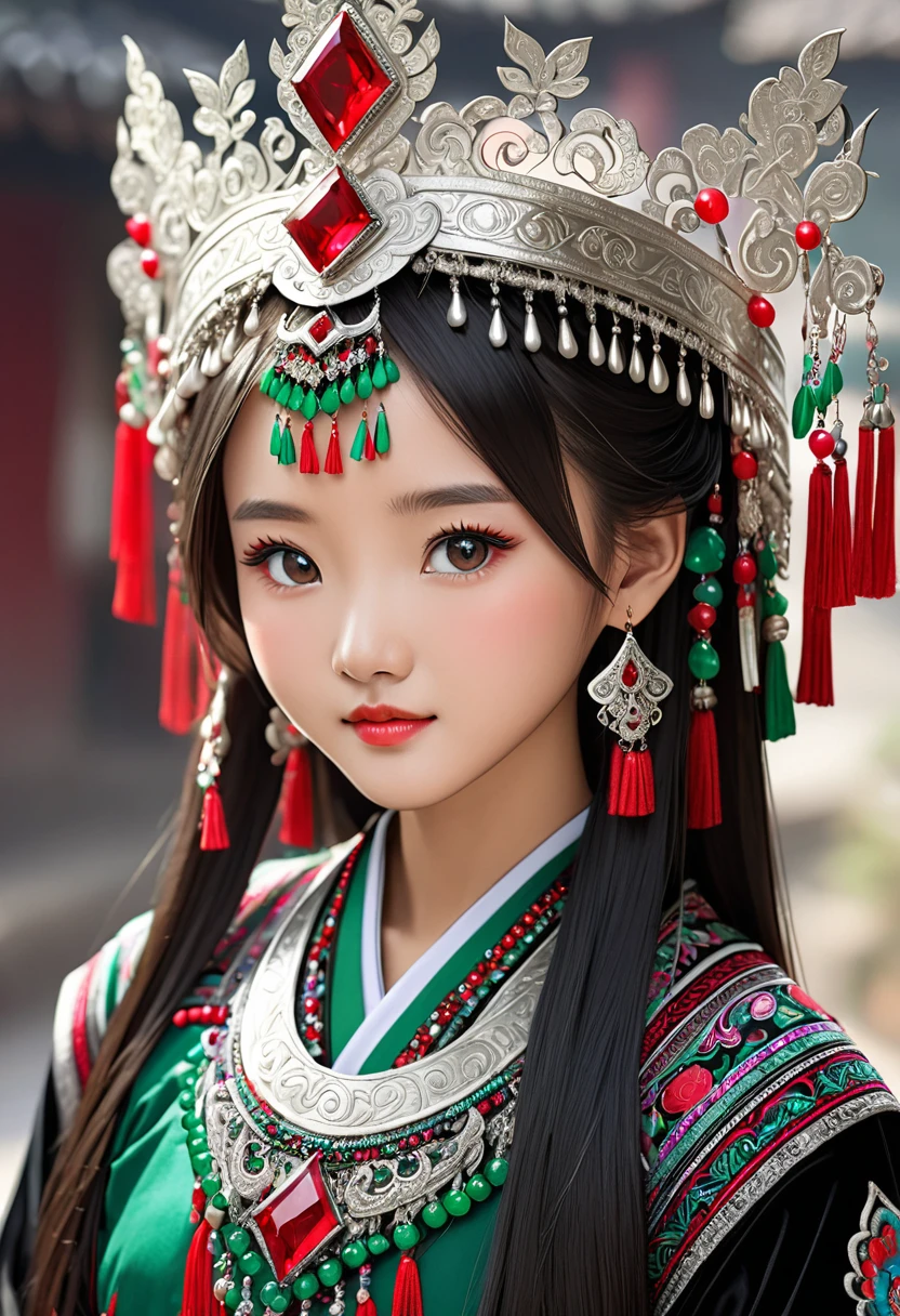 A young 18-year-old Chinese ethnic minority girl, with lustrous jet-black hair, wearing exquisite traditional Miao ethnic clothing, a magnificent silver crown adorned with ruby and emerald jewels ((centered)), 32K, highres