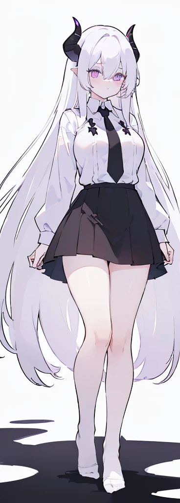 (((Long White hair))),White hair,kawai,(((Eyes visible from bangs,hair over eyes:1.3))),,Huge breasts,(purple color eyes),,(purple slanted eyes),1girl in,bangs,long White hair, pantyhose,Cowboy Shot,white background,Straight hair hair,(On both sides of the head has sharp black devil horns) ((head bowed pose)) Ter's hair flows straight down, has two sharp black horns (slant purple eyes) (((wearing a perfect white shirt))) white shirt sleeves should be folded to the elbows ((Don't wear any ties (wear a long black skirt, both sides of the skirt are split The other two sides of the skirt are split (showing her bare thighs) Long black skirt split at the thighs, perfect white shirt, no accessories like a tie (sexy body) Bare thighs without wearing any socks, The character's body is visible from head to ankle