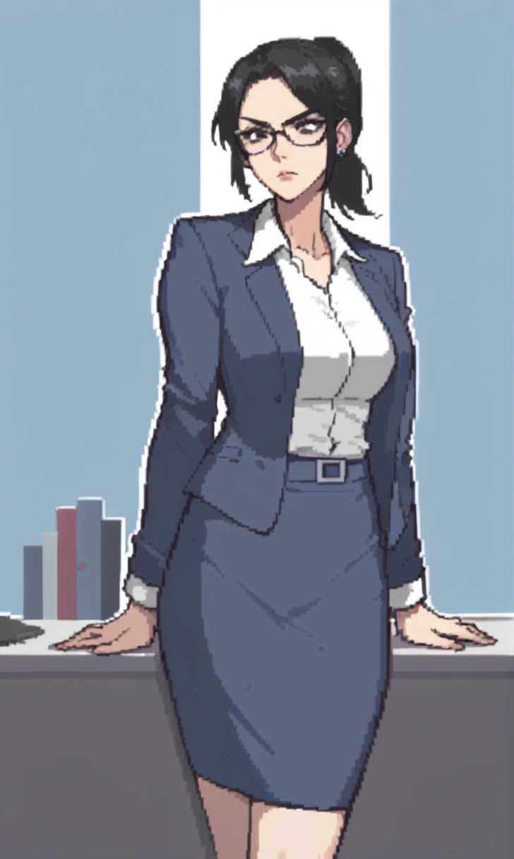 score_9, score_8_up, score_7_up, 1girl, mature, glasses, ponytail, black hair, black eyes, serious expression, office outfit, tall