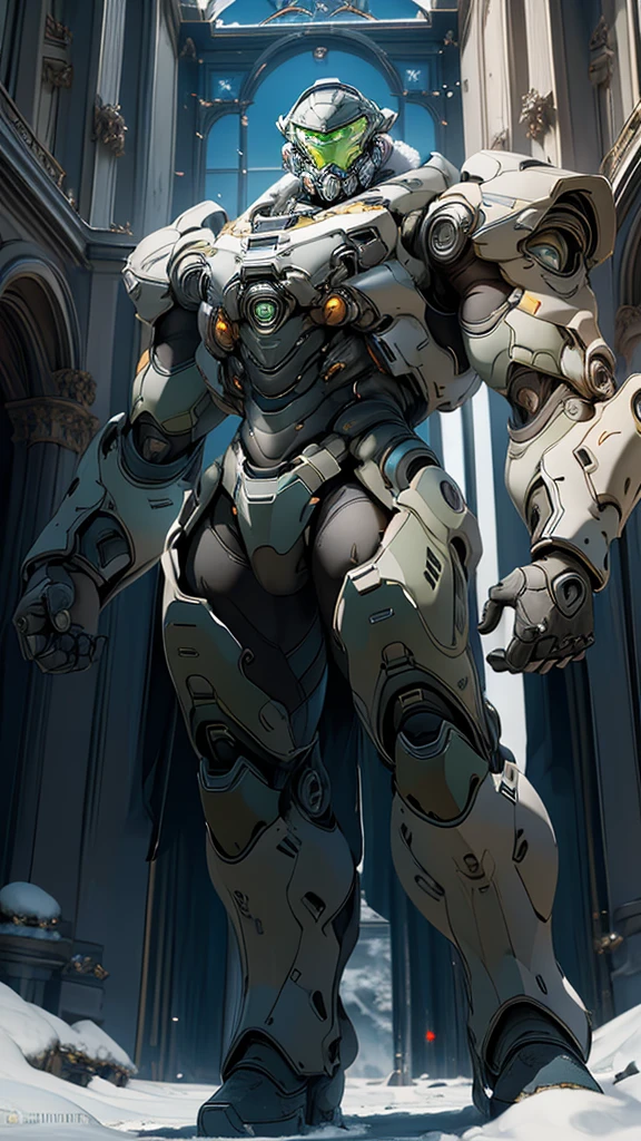 (high quality, 4K, high dynamic range) , (masterpiece, Ultra-realistic professional lighting,,Ultra-thin 8K,1 person,Full body gray benzene heavy armor suit,Detailed Master Chief helmet,male,Snow is falling all around,ruins,End of the World