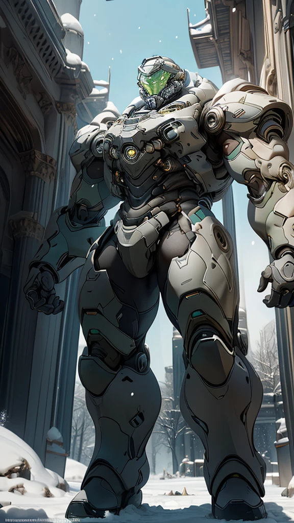 (high quality, 4K, high dynamic range) , (masterpiece, Ultra-realistic professional lighting,,Ultra-thin 8K,1 person,Full body gray benzene heavy armor suit,Detailed Master Chief helmet,male,Snow is falling all around,ruins,End of the World