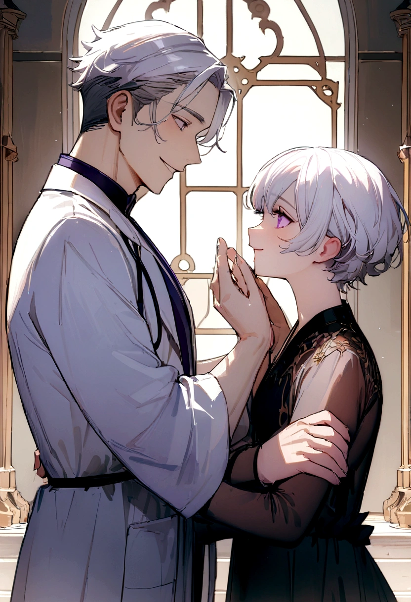 (extreamly delicate and beautiful:1.2), 8K,(masterpiece:1.0),(best_quality:1.0), 1boy, and intricate detailing,  (A male god) , White hair, purple eyes and working as a doctor , The mouth smiled gently. Short Hair