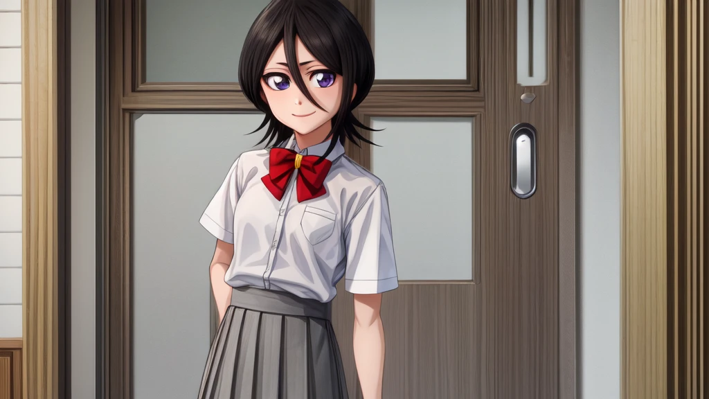 ((Highest quality)), ((Very detailed)), Very detailed顔, Beautiful Face, , (One girl), Cowboy Shot, Rukia, Black Hair, short hair, Hair between the eyes, Purple eyes, Small breasts, smile, , White collared shirt, Red bow tie, Grey pleated skirt, shoes下, shoes, (indoor, At the front door)
