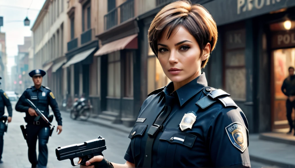 Create a police officer with short hair, a bad and beautiful face, perfect body with gun in hand on the streets hunting thief,8K, Ultra realistic photo, cinematographic 