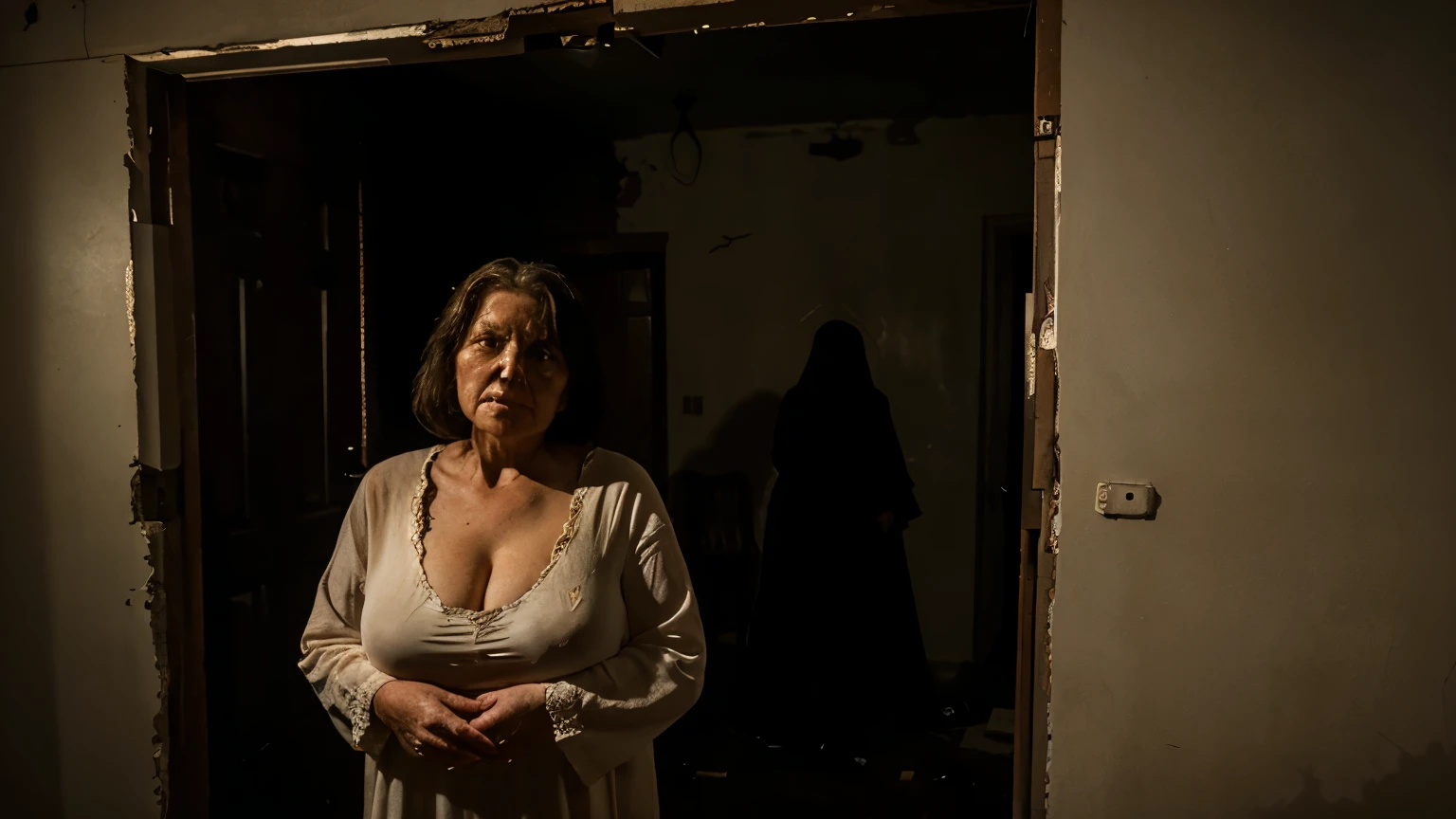 ghost of an old woman with big breasts behind a wall, hiding from visitors in an abandoned house at night.