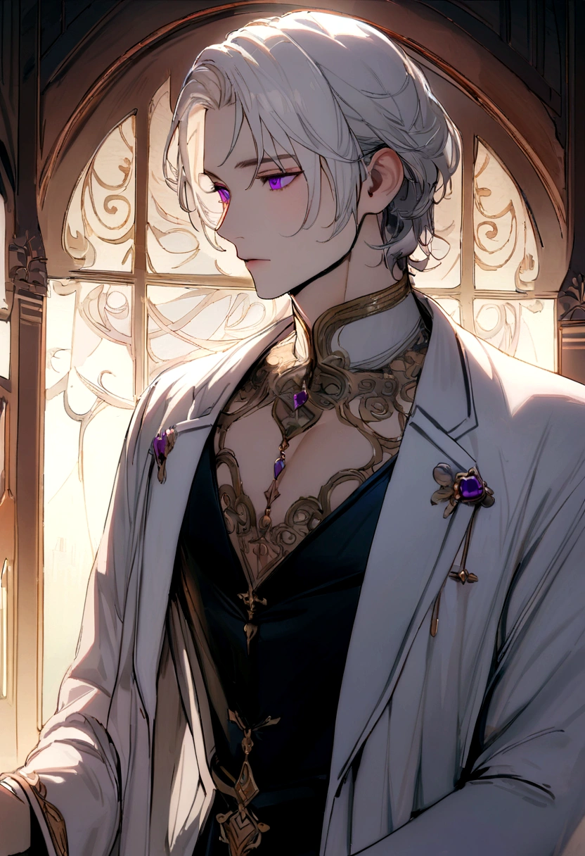 (extreamly delicate and beautiful:1.2), 8K,(masterpiece:1.0),(best_quality:1.0), 1boy, and intricate detailing, (A male god) , White hair, purple eyes and working as a doctor , Short Hair