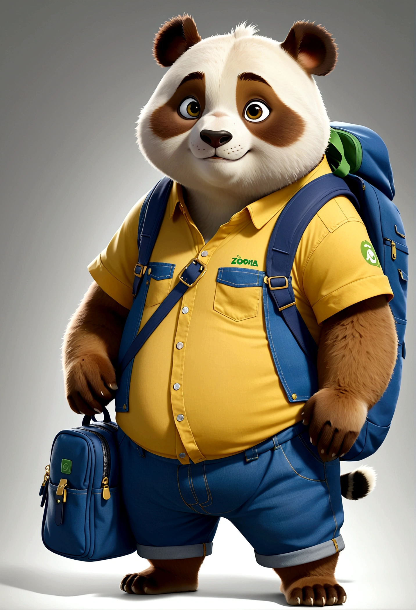 独奏，Wearing yellow shirt and blue overalls，Carrying a small school bag，The panda stood,Chubby， Zootopia style, movie Features, Zootopia movie style, Zootopia style, looking heckin cool and stylish, in Zootopia style, 迪士尼疯狂Zootopia style, mob_Features Panda stylized, 拟人化的Chubby熊猫, Multiple poses and expressions, 4 positions, whole body, White background, Shorty 