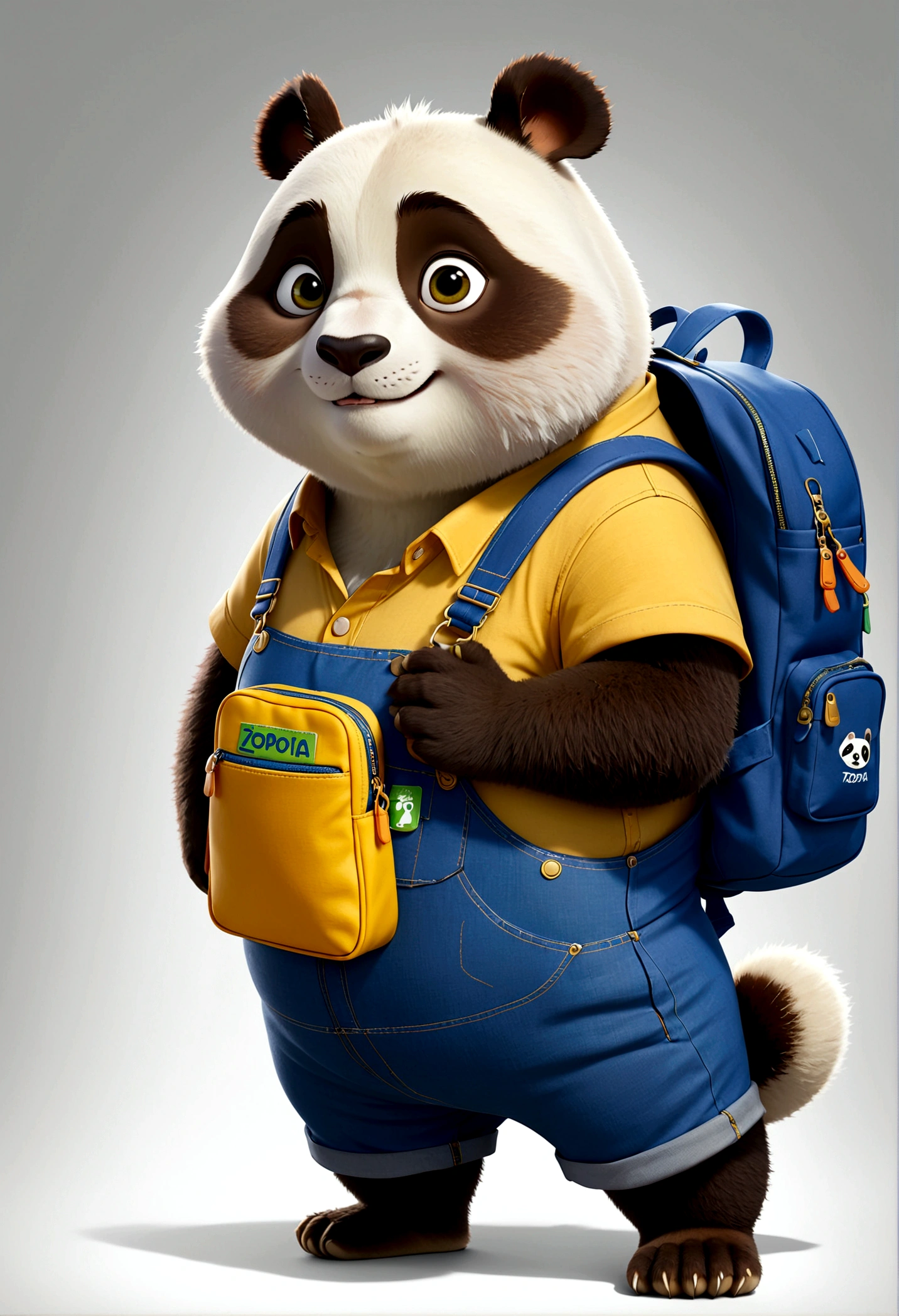 独奏,Wearing yellow shirt and blue overalls,Carrying a small school bag,The panda stood,Chubby, Zootopia style, movie Features, Zootopia movie style, Zootopia style, looking heckin cool and stylish, in Zootopia style, 迪士尼疯狂Zootopia style, mob_Features Panda stylized, 拟人化的Chubby熊猫, Multiple poses and expressions, 4 positions, whole body, White background, Shorty