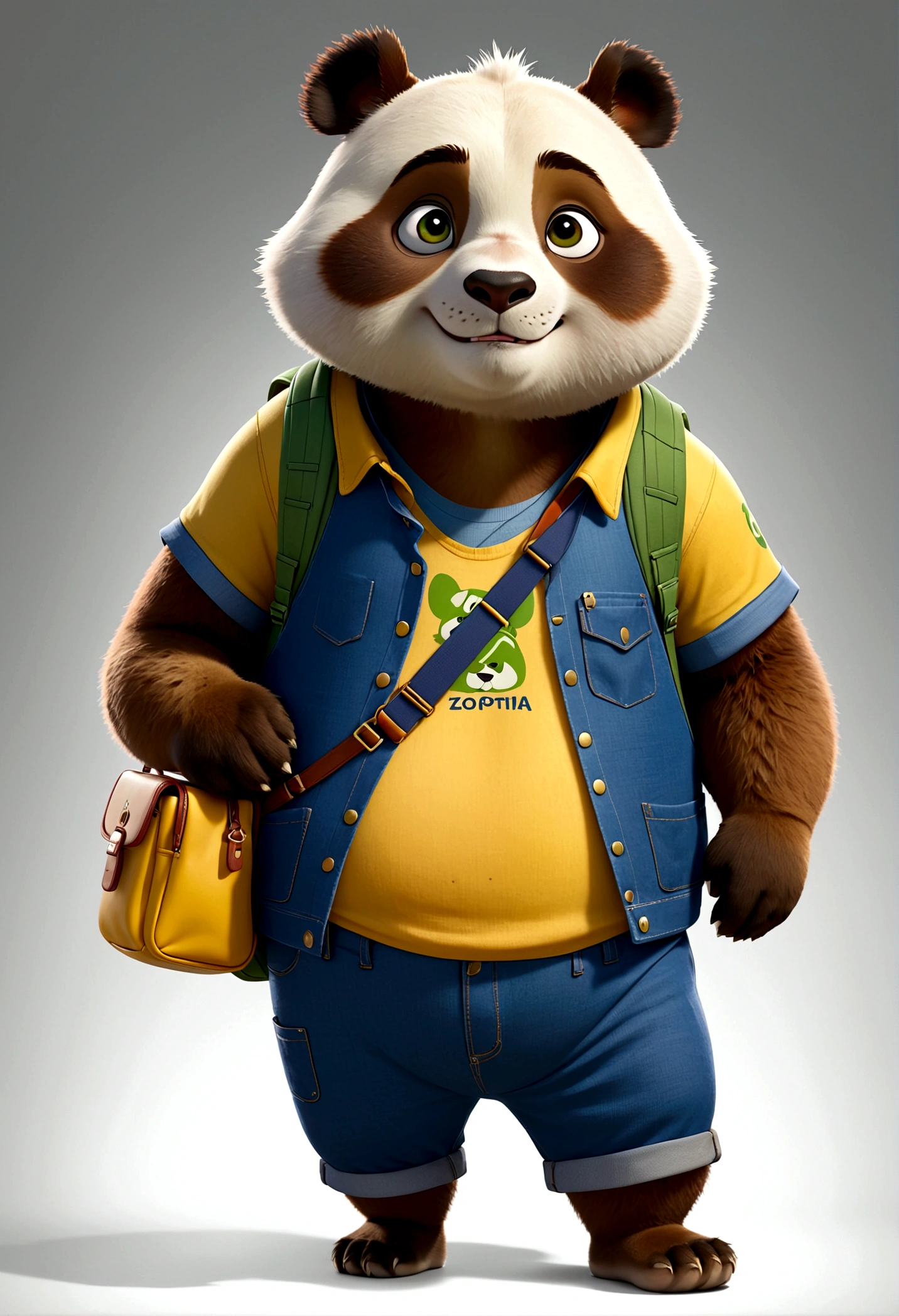独奏，Wearing yellow shirt and blue overalls，Carrying a small school bag，The panda stood,Chubby， Zootopia style, movie Features, Zootopia movie style, Zootopia style, looking heckin cool and stylish, in Zootopia style, 迪士尼疯狂Zootopia style, mob_Features Panda stylized, 拟人化的Chubby熊猫, Multiple poses and expressions, 4 positions, whole body, White background, Shorty 