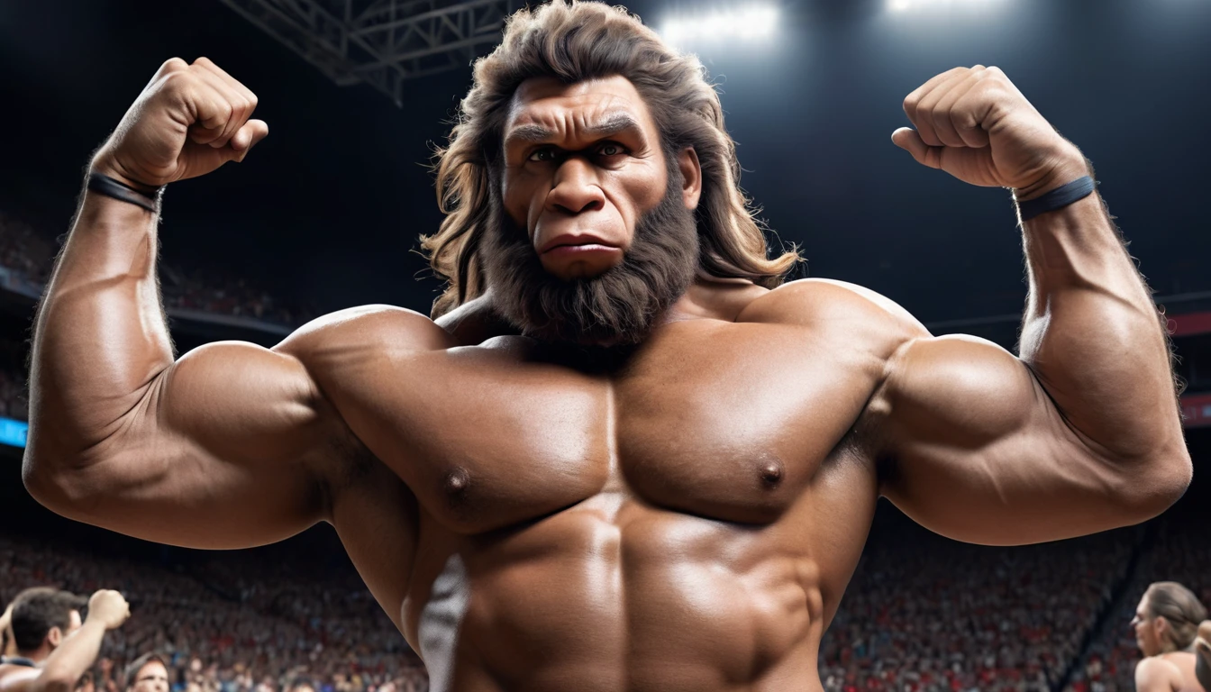 (RAW photo of a Neanderthals:1) , (hyper realistic:1.4), (Neanderthal man),transformation,(half gorilla mix :0.55), tall, (very muscular:1.8), (hairy body:1.5),(detail face:1.1), tan skin, thick arms, (veiny arms:1), (bloated gut:1.1),(wearing underwear:1.1), thick legs, rounded pecs, big arms, veiny arms, dark brown skin, (flexing his muscle on a stage:1.1) ,, stadium, hdr, photorealistic
masterpiece, cinematic, best quality, sharp focus,