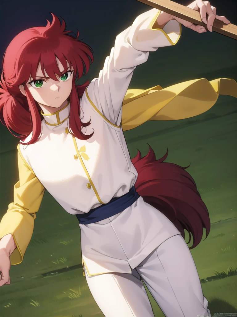 kurama, kurama, long hair, red hair, bangs, (green eyes:1.5), (retro artstyle:1.5), 1990s \(style\),
BREAK long sleeves, pants, chinese clothes, white pants, (yellow shirt:1.5), (white sleeves:1.5), (pelvic curtain:1.2), sash, sleeveless shirt,
BREAK (((Hell background)))
BREAK looking at viewer, cowboy shot,
BREAK (masterpiece:1.2), best quality, high resolution, unity 8k wallpaper, (illustration:0.8), (beautiful detailed eyes:1.6), extremely detailed face, perfect lighting, extremely detailed CG, (perfect hands, perfect anatomy),