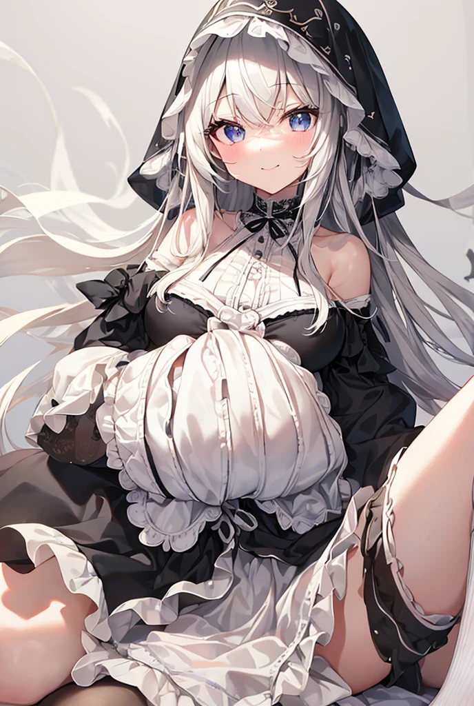 ((Highest quality)), ((masterpiece)), ((Very detailed)), (Very mature),A cute high school girl with a gentle look, white hair and about 165cm tall.,A female high school student with big breasts and a cute smile wearing a transparent black waifus with a cute patterned hood that shows off her shoulders, 顔が若干縦方向に長いbright笑顔の女性,Small Faced Woman,alone, Cute attitude,(background(bright),Long Hair - Straight,Knee-high socks、A transparent white veil with a cute pattern and a hood with white off-the-shoulders,White wall、Sitting、Facing the viewer、縁に模様がある壁が1面のbackground