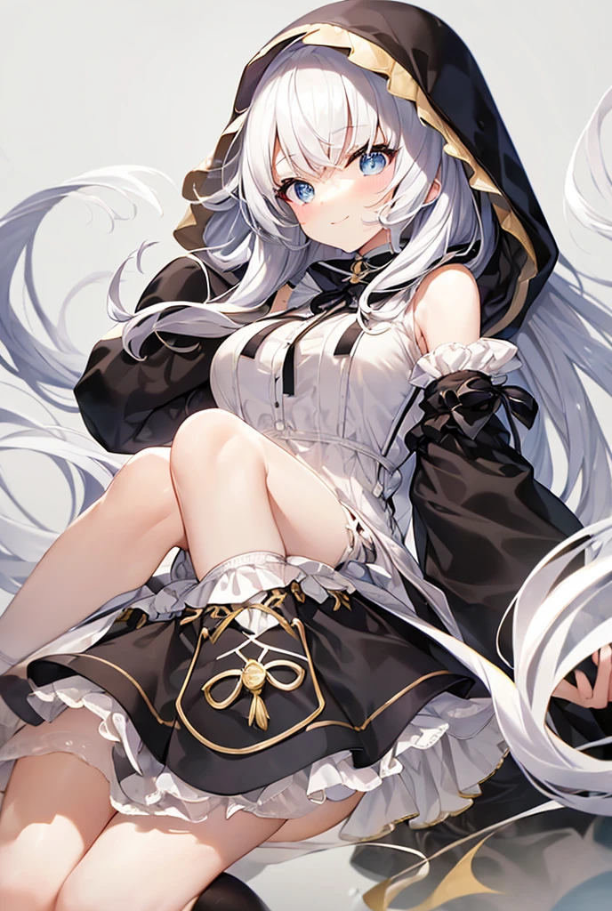 ((Highest quality)), ((masterpiece)), ((Very detailed)), (Very mature),A cute high school girl with a gentle look, white hair and about 165cm tall.，A female high school student with big breasts and a cute smile wearing a transparent black waifus with a cute patterned hood that shows off her shoulders, 顔が若干縦方向に長いbright笑顔の女性，Small Faced Woman，alone, Cute attitude,(background(bright)，Long Hair - Straight，Knee-high socks、A transparent white veil with a cute pattern and a hood with white off-the-shoulders，White wall、Sitting、Facing the viewer、縁に模様がある壁が1面のbackground
