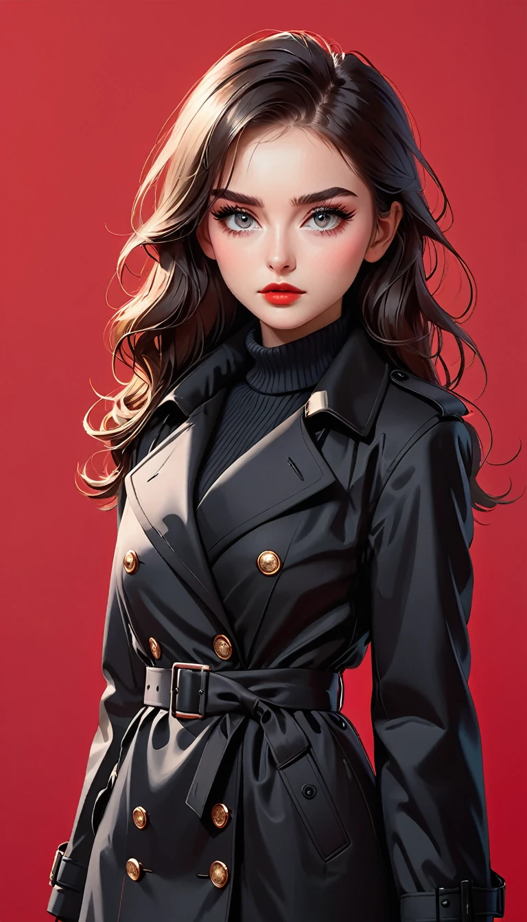 (masterpiece，high quality，8K).beautiful girl，Skin details，Bright Eyes，Thick eyelashes，Unique，Staring at the audience），（Black trench coat suit：1.37，belt）。Light and Shadow，Clean and simple red background