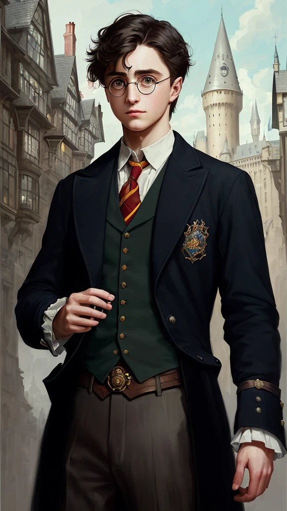 timeless style, Full shot body photo of Harry Potter, Features a model shooting style. He stood confidently，hand on hips, Embody the role of a powerful wizard. The artwork is reminiscent of the Victorian era, Capture the essence of portraits of people from the 1890s. Created by artist Artgerm, greg rutkovsky, and Magali Villeneuve, The artwork has a simulated style reminiscent of classic painting. The composition, Inspired by the MDJrny-V4 style, Capture Harry from a slightly below-perspective perspective, Highlight his perfect male figure. With his handsomeness, Sexy, And the charm of a hot young man, The focus of the painting is on his delicate face and captivating eyes. The well-defined face exudes gentlemanly charm. by artist Ed Brinkie（Ed Blinkey）Painted majestically, atey ghailan, by Ghibli Studio, Jeremy Mann, Greg Manchess, and Antonio Moreau, The artwork became popular on platforms such as ArtStation and CGSociety。. The painting shows intricate details, high-detailed rendering, Sharp focus, and dramatic, Photorealistic style, Capture the magic and charm of Harry Potter in stunning artistic expressions.
