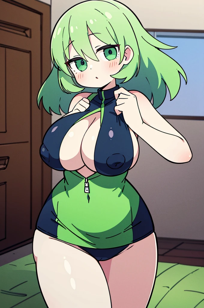 1girls alternate breast size big breasts breasts clothing female female focus female only green hair huge breasts large breasts looking at viewer mature female milf mother pale skin pale-skinned female solo swimsuit thick thighs