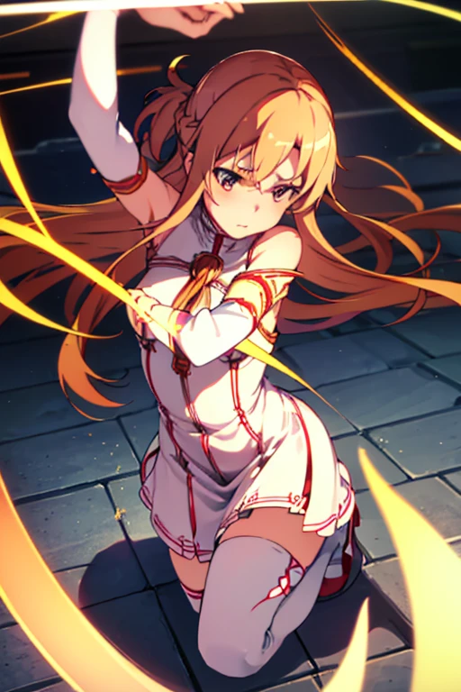 A captivating wallpaper of As Yuuki, Sword Art Online Heroine, Carefully crafted. (Highest quality, High resolution: 3000x3000 pixels)

As Yuuki, Virtual Reality Suit, Long straight blonde hair with bangs, Blue eyes sparkling with determination, Her plump lips are writhing in agony, Moderate: Digital Art, Vibrant colors, High resolution, Cinema Lighting, Ultra-fine detail, Sharp focus, Physically Based Rendering, Very detailed explanation.

((Both hands tied with rope)), (Costume cut into pieces by sword)、Bleeding from a wound、On one knee、Crippling、There are many scratches、The enemy is using tentacles to steal your life force,Ladder binding,A desperate situation.