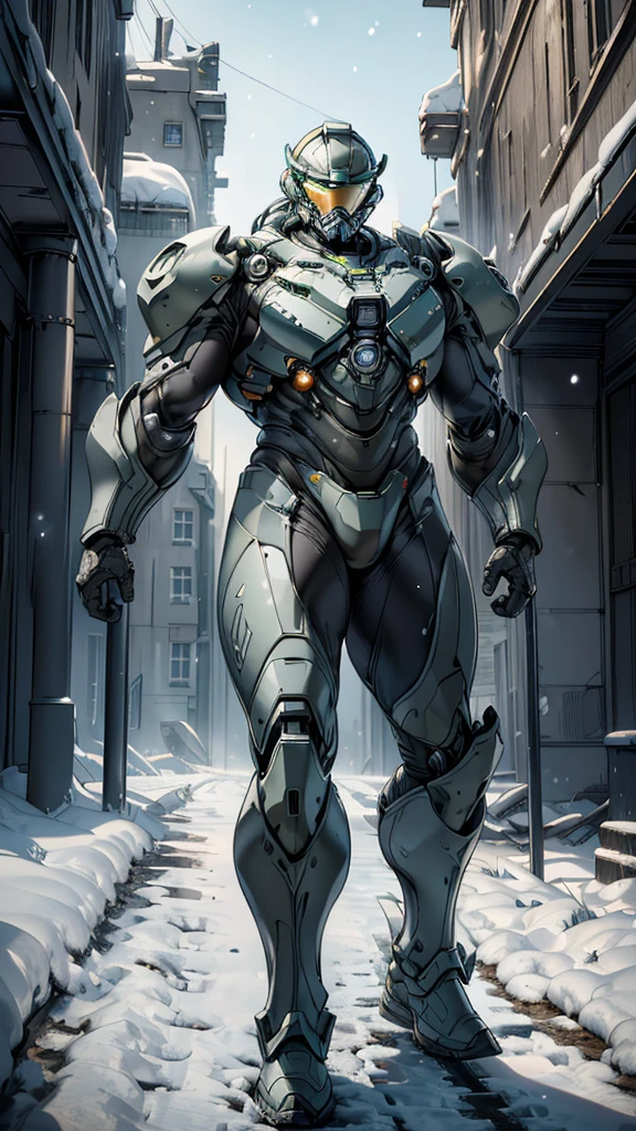 (high quality, 4K, high dynamic range) , (masterpiece, Ultra-realistic professional lighting,,Ultra-thin 8K,1 person,Full body gray benzene heavy armor suit,Detailed Master Chief helmet,male,Snow is falling all around,ruins,End of the World