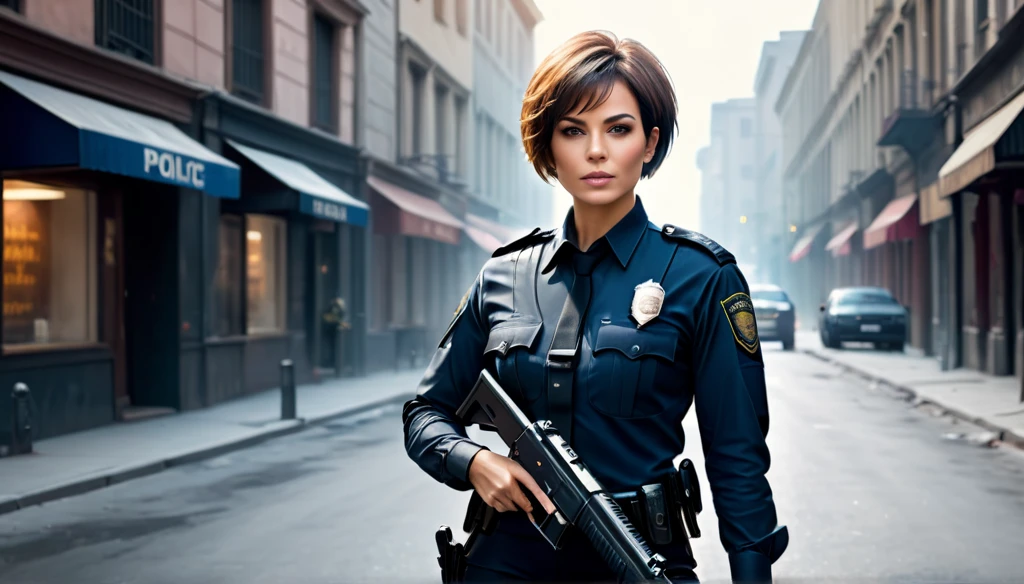 Create a police officer with short hair, a bad and beautiful face, perfect body with gun in hand on the streets hunting thief,8K, Ultra realistic photo, cinematographic