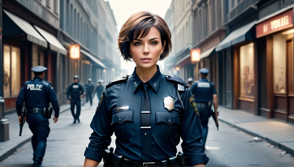Create a police officer with short hair, a bad and beautiful face, perfect body with gun in hand on the streets hunting thief,8K, Ultra realistic photo, cinematographic 