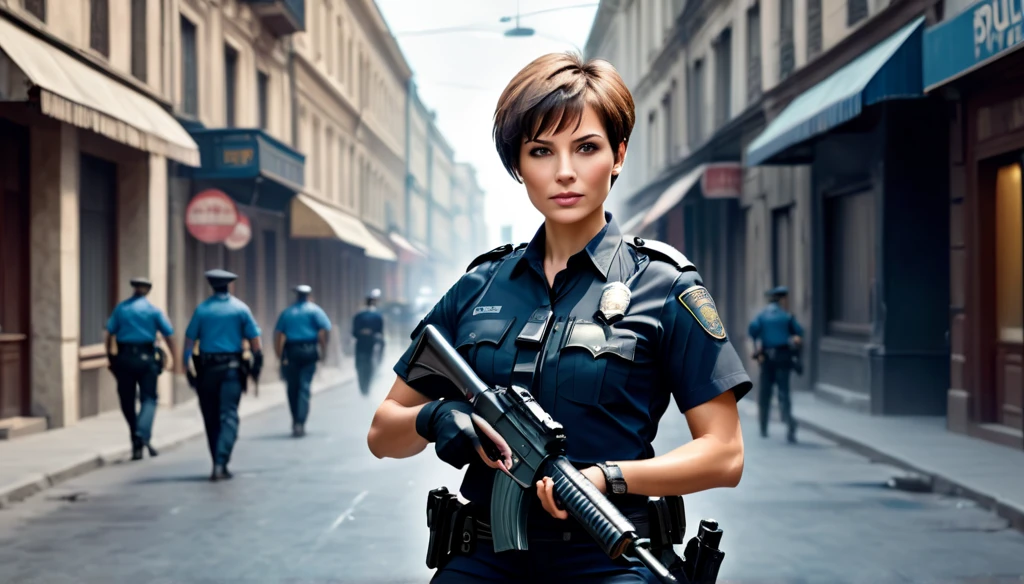 Create a police officer with short hair, a bad and beautiful face, perfect body with gun in hand on the streets hunting thief,8K, Ultra realistic photo, cinematographic