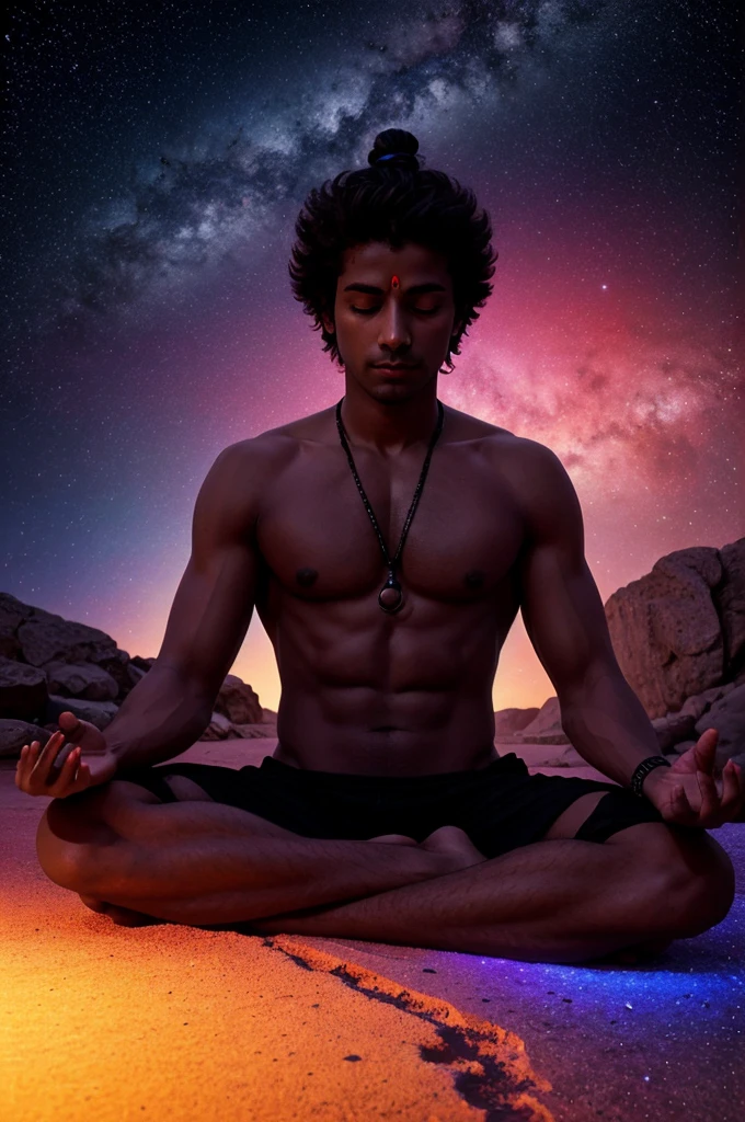 A boy named Shiva meditating in nothingness space generate this in neon with rim right