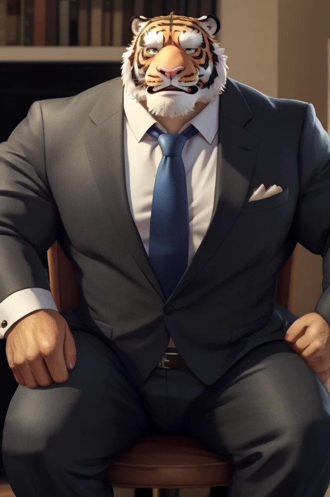 Author: bontiage, (1 boy), One, tiger, big bulge crotch, boner,pants, long sleeve plain shirt, necktie, Men's Second, kemono, hot body, muscle, Beautiful, sexual, Attractive guy, (Detailed black eyes), brows, (masterpiece, A high resolution, Best quality), 4K, a male, Beautiful shadow, looking at viewer, red cheek