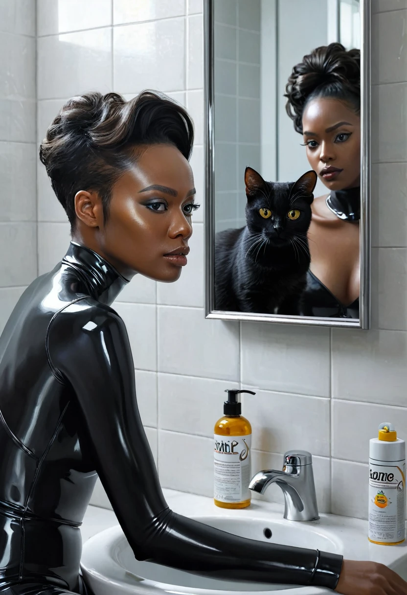 realistic oil painting of a black female android sitting in a bathroom mirror. she has a cat staring at her. detailed octane render