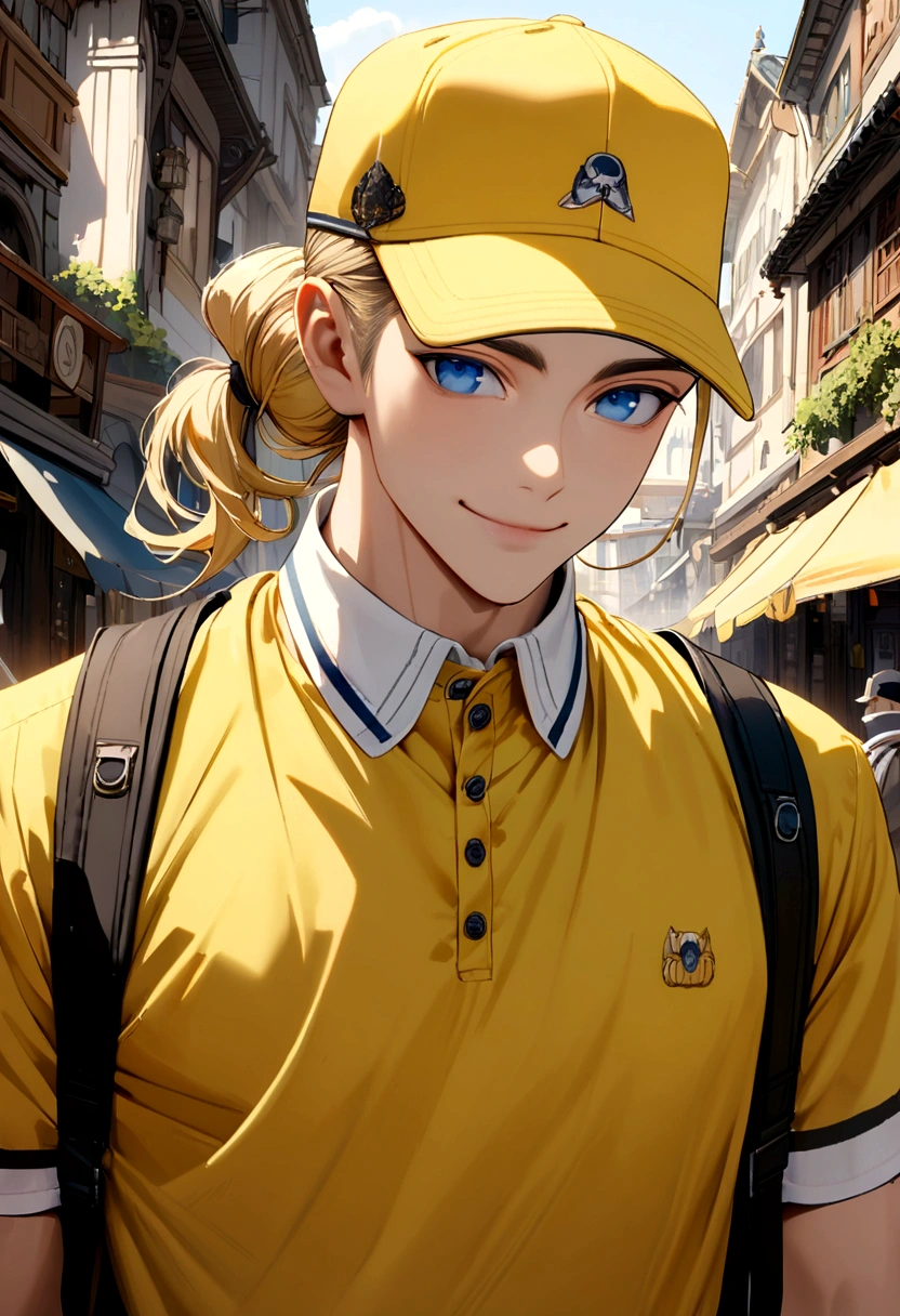 male with long blond hair tied back, blue eyes, smiling, wearing a yellow and white baseball cap, yellow polo shirt, white collar, black belt, black backpack