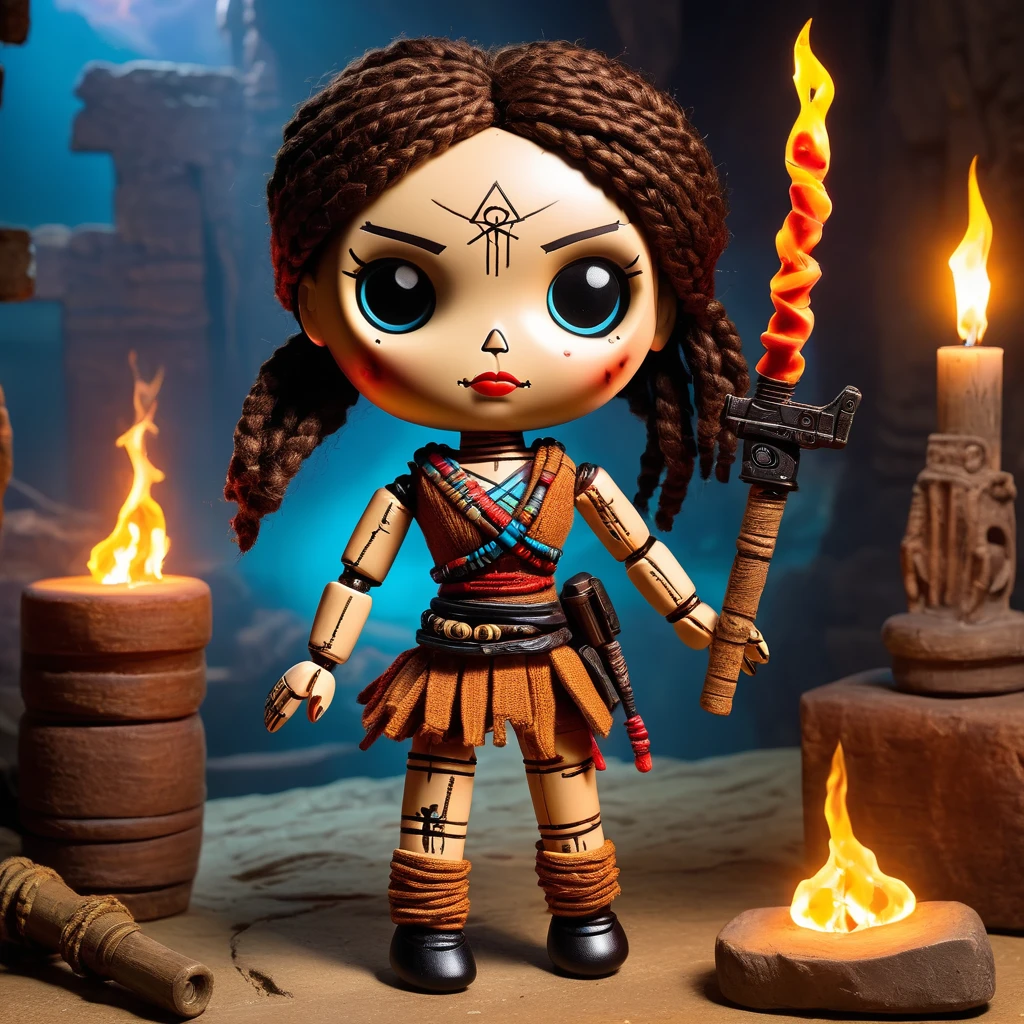 (knitted toy voodoo doll:1.8), (Voodoo Lara Croft:1.3), (Clothing: adventurer's attire with glowing artifact symbols:1.0), (Accessories: enchanted dual pistols emitting sparks of exploration magic, levitating spectral relics:1.1), (background: ancient ruins with floating torches, glowing hieroglyphs, and spectral treasures:1.2), best quality, masterpiece, detailed soft oil painting, detailed background, dramatic cinematic lighting, soft edge lighting, professional, dramatic lighting, hard edge lighting, ultra quality, 4k, masterpiece, best quality, 8k, ultra high definition, high resolution, extremely detailed