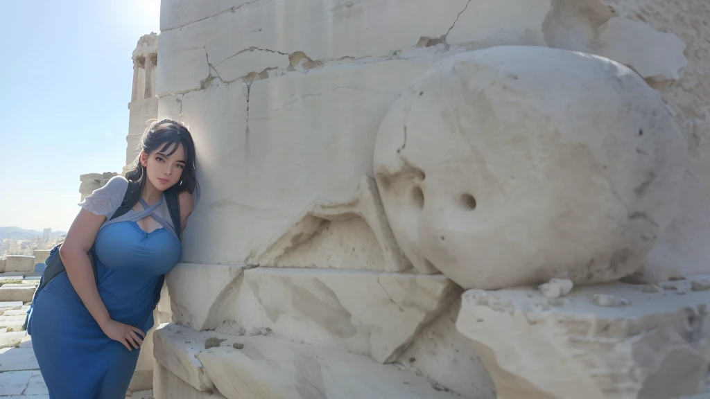 there is a slim woman with big breasts leaning against a stone wall with a backpack, on a large marble wall, at ancinet agora of athens, standing before ancient ruins, marble walls, ancient ruins behind her, leaning on the wall, at the stone ruins, with a figure in the background, ruins in the background, marble columns in background, leaning against the wall, not cropped