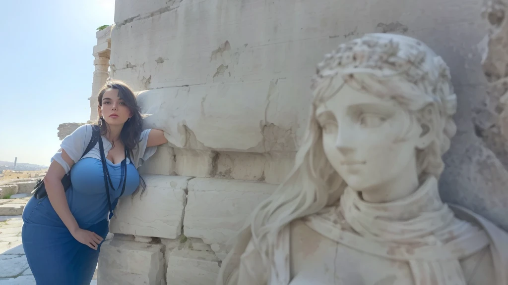 there is a slim woman with big breasts leaning against a stone wall with a backpack, on a large marble wall, at ancinet agora of athens, standing before ancient ruins, marble walls, ancient ruins behind her, leaning on the wall, at the stone ruins, with a figure in the background, ruins in the background, marble columns in background, leaning against the wall, not cropped
