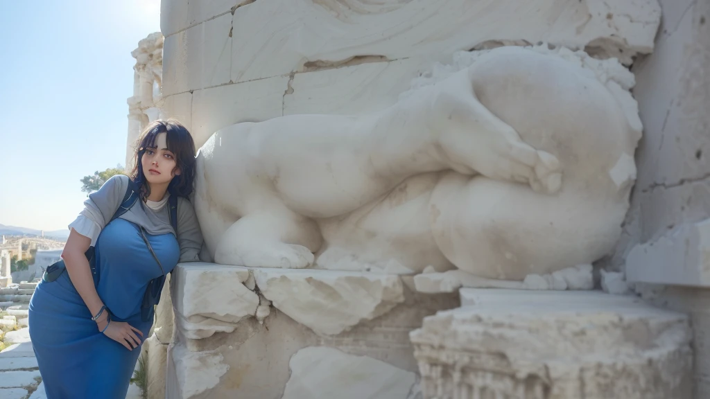 there is a slim woman with big breasts  leaning against a stone wall with a backpack, on a large marble wall, at ancinet agora of athens, standing before ancient ruins, marble walls, ancient ruins behind her, leaning on the wall, at the stone ruins, with a figure in the background, ruins in the background, marble columns in background, leaning against the wall, not cropped