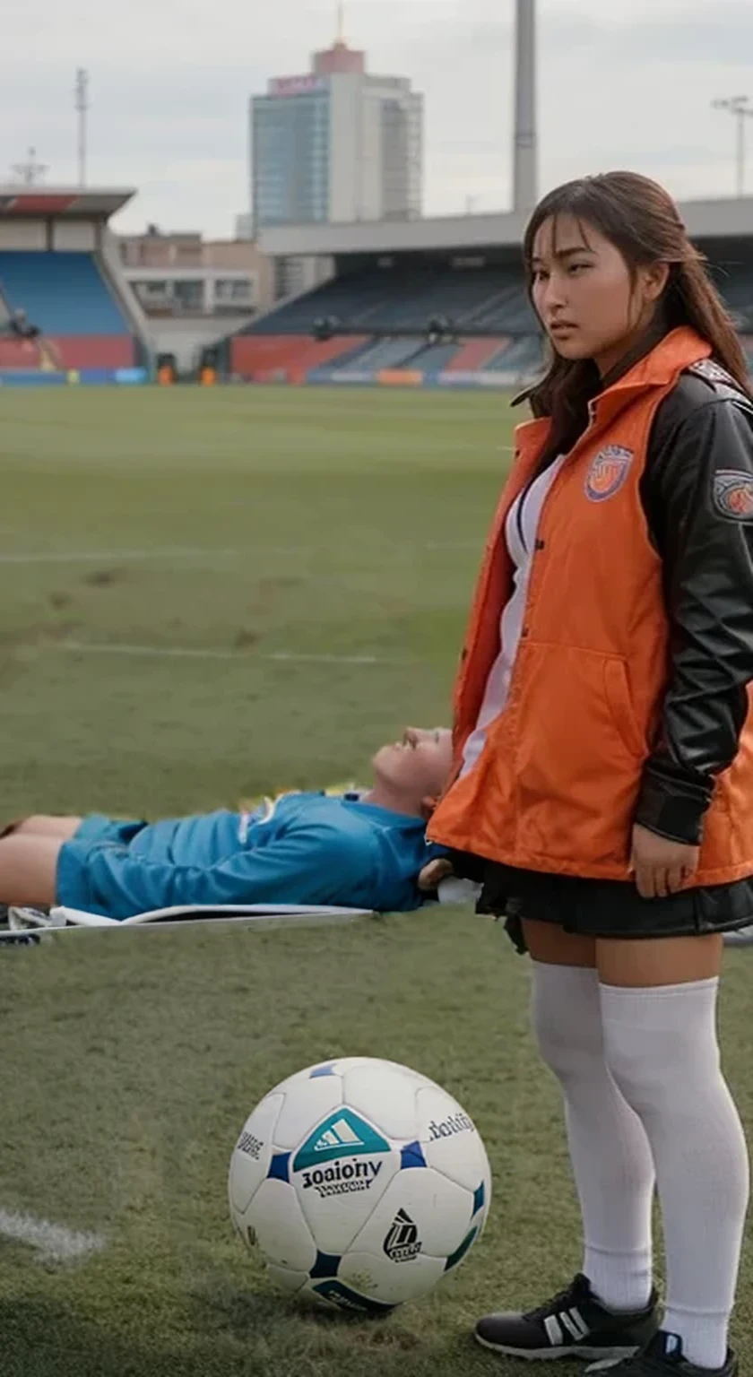 a male soccer player lying injured on a stretcher with his head to the right while being carried to the left by the girl on the photo