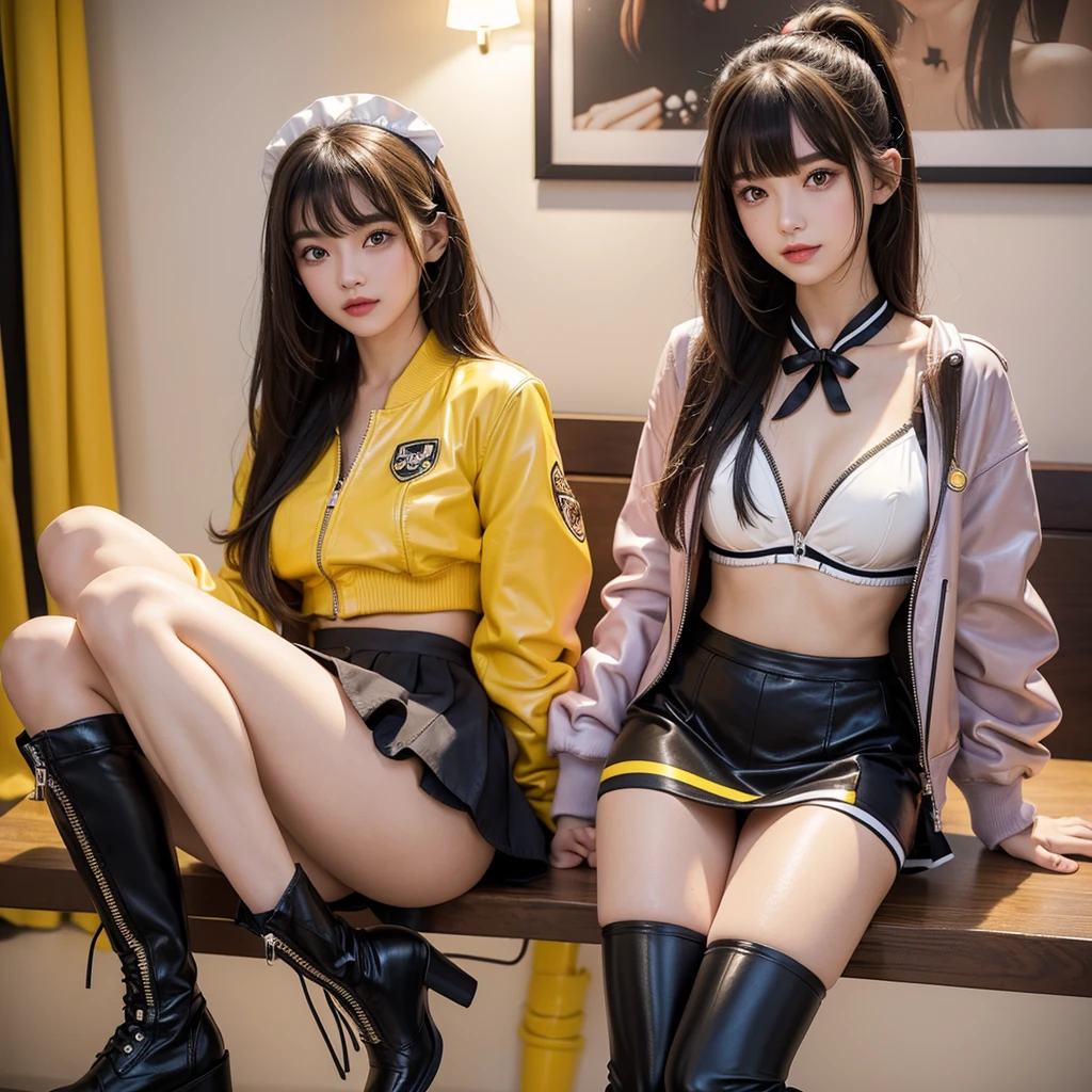 bangs down,beautiful girl,Maid clotheasterpiece,perfect face,perfect breasts,long hair,Outstanding style,stimulating,Cute outfits,Horny girl,double eyelid,Naughty Girls,Erotic and cute,mini skirt,ribbon on uniform,colorful hair color,yellow eyes,leather jacket,horny girl,Knee-high boots, Colorful,multicoloured,future fashion,smile,,zipper bra,Multicolored clothing