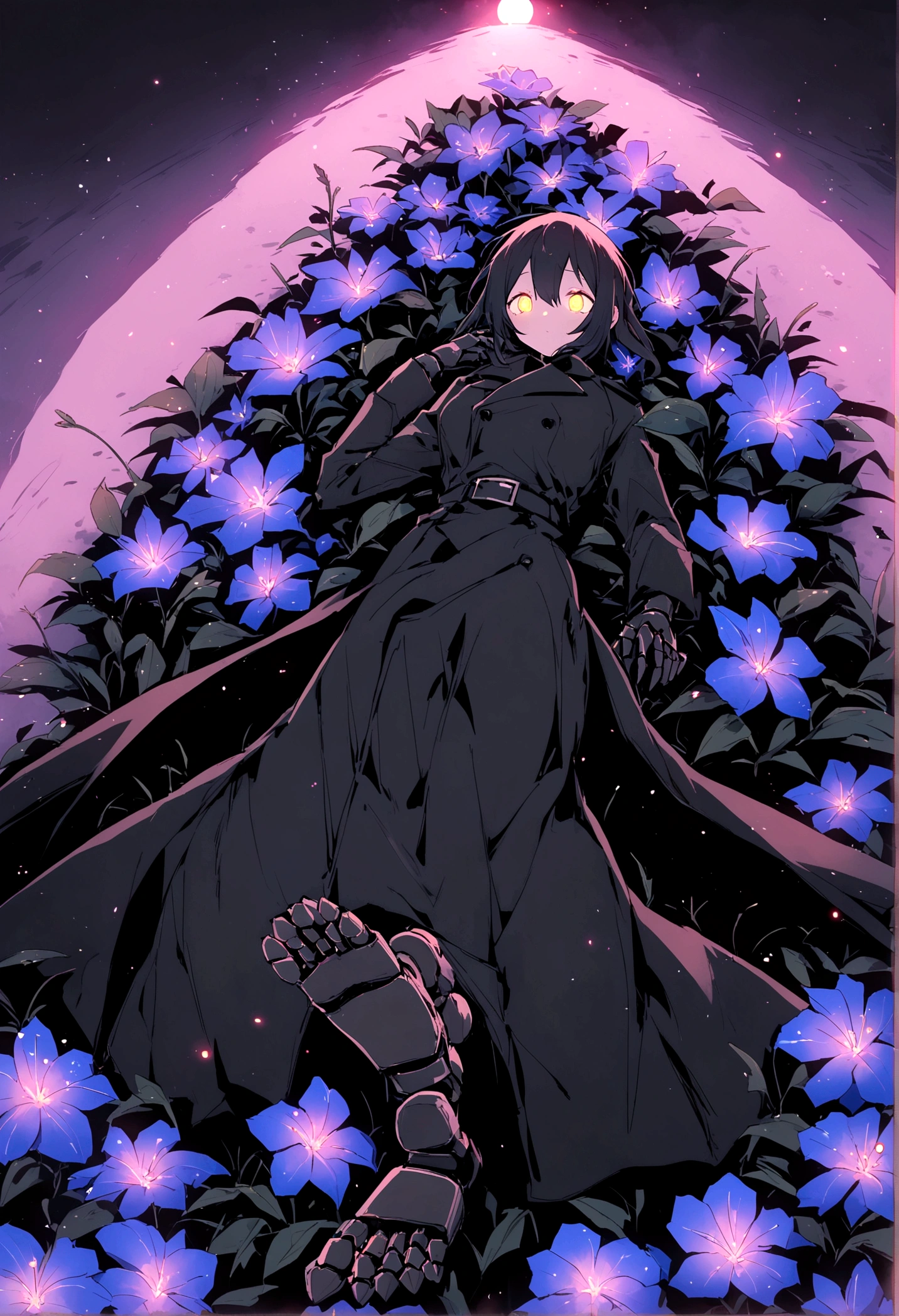 (no humans), (Robot lie down), Black Trench Coat, (foots on flowers),(shinning eyes),E7E48U