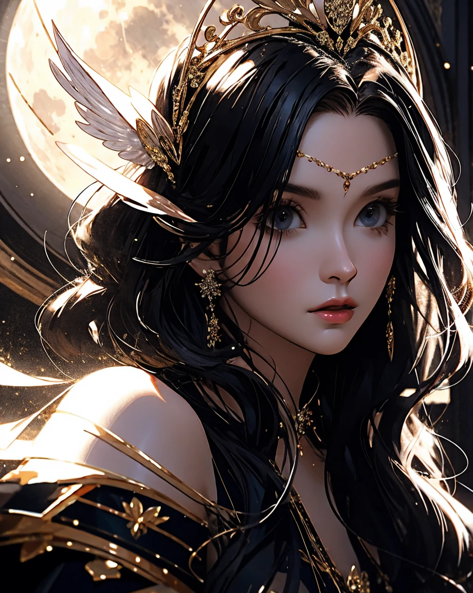 masterpiece, best quality, digital painting, extremely detailed, highly detailed, intricate details, (cowboy shot:1.2) of a beautiful celestail goddess, ethereal beauty, wearing a crystal crown, detailed beautiful eyes, full moon, style-swirlmagic, witchcraft, glitter, black pastel, fantasy style, elegant pose, artstation, smooth, sharp focus, illustration by michelle del campo, artgerm, omar ortiz, rob hefferan