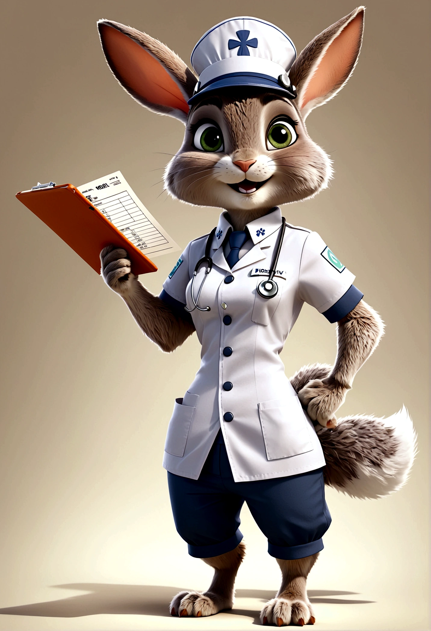 独奏，Rabbit in nurse uniform，Wearing a nurse's hat，Rabbit standing with medical record,pretty， Zootopia style, movie Features, Zootopia movie style, Zootopia style, looking heckin cool and stylish, in Zootopia style, 迪士尼疯狂Zootopia style, mob_Features bunny stylized furry, anthropomorphic rabbit, Multiple poses and expressions, 4 positions, whole body, White background, Shorty 