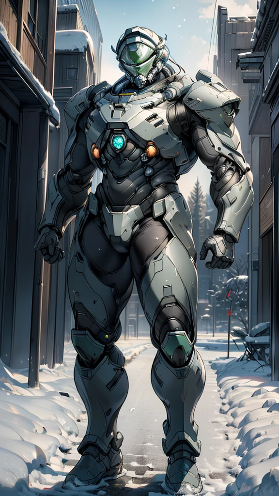 (high quality, 4K, high dynamic range) , (masterpiece, Ultra-realistic professional lighting,,Ultra-thin 8K,1 person,Full body gray benzene heavy armor suit,Detailed Master Chief helmet,male,Snow is falling all around,ruins,End of the World,Upper Body