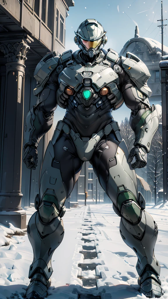 (high quality, 4K, high dynamic range) , (masterpiece, Ultra-realistic professional lighting,,Ultra-thin 8K,1 person,Full body gray benzene heavy armor suit,Detailed Master Chief helmet,male,Snow is falling all around,ruins,End of the World,Upper Body