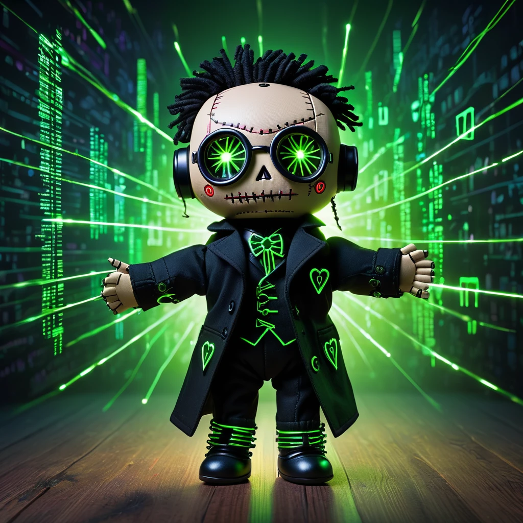 (knitted toy voodoo doll:1.8), (Voodoo Neo:1.3), (Clothing: black trench coat with glowing matrix symbols:1.0), (Accessories: enchanted sunglasses emitting sparks of code magic, levitating spectral binary code:1.1), (background: digital cityscape with floating numbers, glowing green lines, and spectral agents:1.2), best quality, masterpiece, detailed soft oil painting, detailed background, dramatic cinematic lighting, soft edge lighting, professional, dramatic lighting, hard edge lighting, ultra quality, 4k, masterpiece, best quality, 8k, ultra high definition, high resolution, extremely detailed