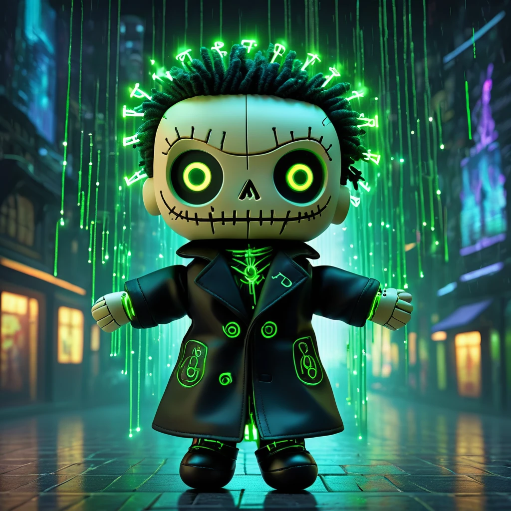 (knitted toy voodoo doll:1.8), (Voodoo Neo:1.3), (Clothing: black trench coat with glowing matrix symbols:1.0), (Accessories: enchanted sunglasses emitting sparks of code magic, levitating spectral binary code:1.1), (background: digital cityscape with floating numbers, glowing green lines, and spectral agents:1.2), best quality, masterpiece, detailed soft oil painting, detailed background, dramatic cinematic lighting, soft edge lighting, professional, dramatic lighting, hard edge lighting, ultra quality, 4k, masterpiece, best quality, 8k, ultra high definition, high resolution, extremely detailed