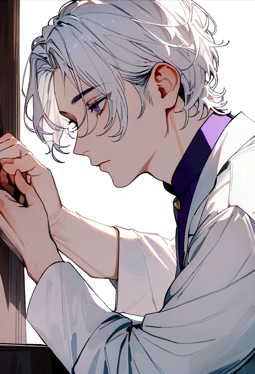 (extreamly delicate and beautiful:1.2), 8K,(masterpiece:1.0),(best_quality:1.0), 1boy, (A male god) , White hair, purple eyes and working as a doctor , Short Hair , Bangs 7 :3