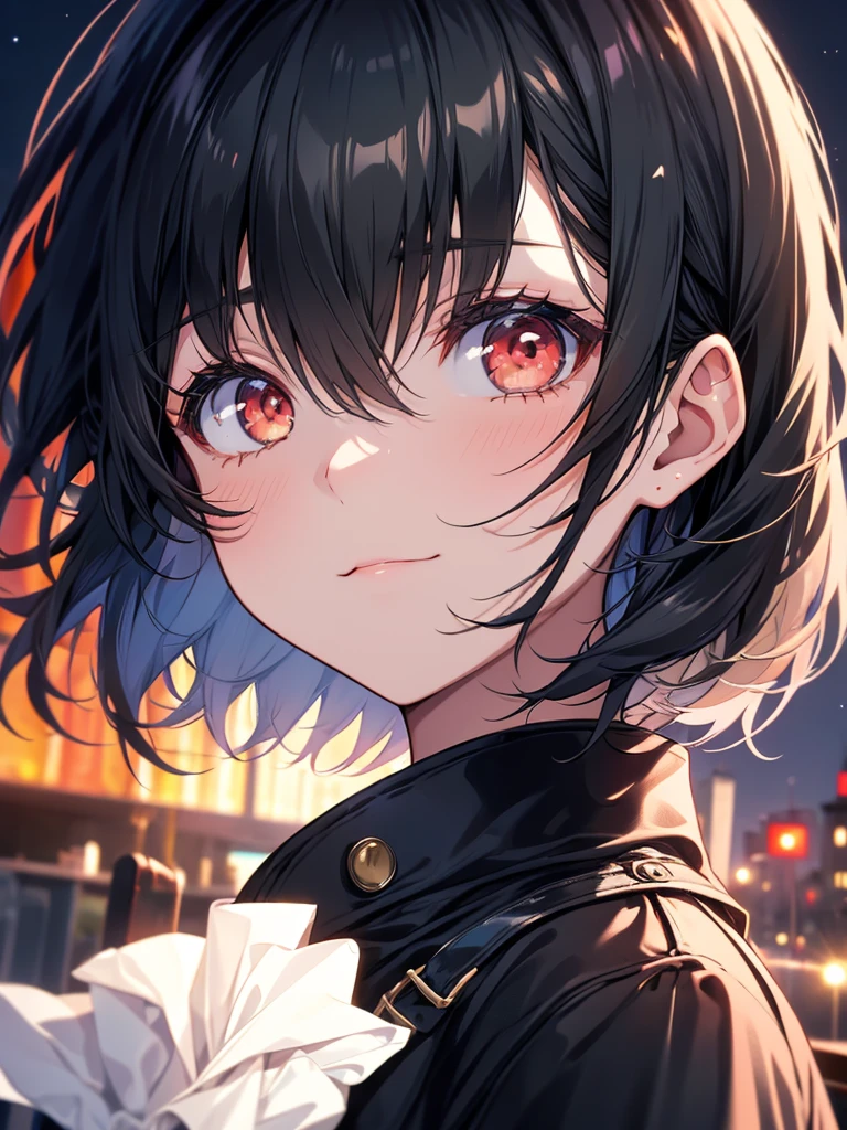 One Girl. Black Hair Girl. Red eyes. high，Town Girl. short hair.Black and Red . coat．Dim lighting. evening. cute