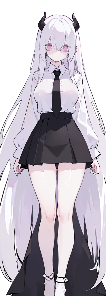 (((Long White hair))),White hair,kawai,(((Eyes visible from bangs,hair over eyes:1.3))),,Huge breasts,(purple color eyes),,(purple slanted eyes),1girl in,bangs,long White hair, pantyhose,Cowboy Shot,white background,Straight hair hair,(On both sides of the head has sharp black devil horns) ((head bowed pose)) Ter's hair flows straight down, has two sharp black horns (slant purple eyes) (((wearing a perfect white shirt))) white shirt sleeves should be folded to the elbows ((Don't wear any ties (wear a long black skirt, both sides of the skirt are split The other two sides of the skirt are split (showing her bare thighs) Long black skirt split at the thighs, perfect white shirt, no accessories like a tie (sexy body) Bare thighs without wearing any socks, The character's body is visible from head to ankle