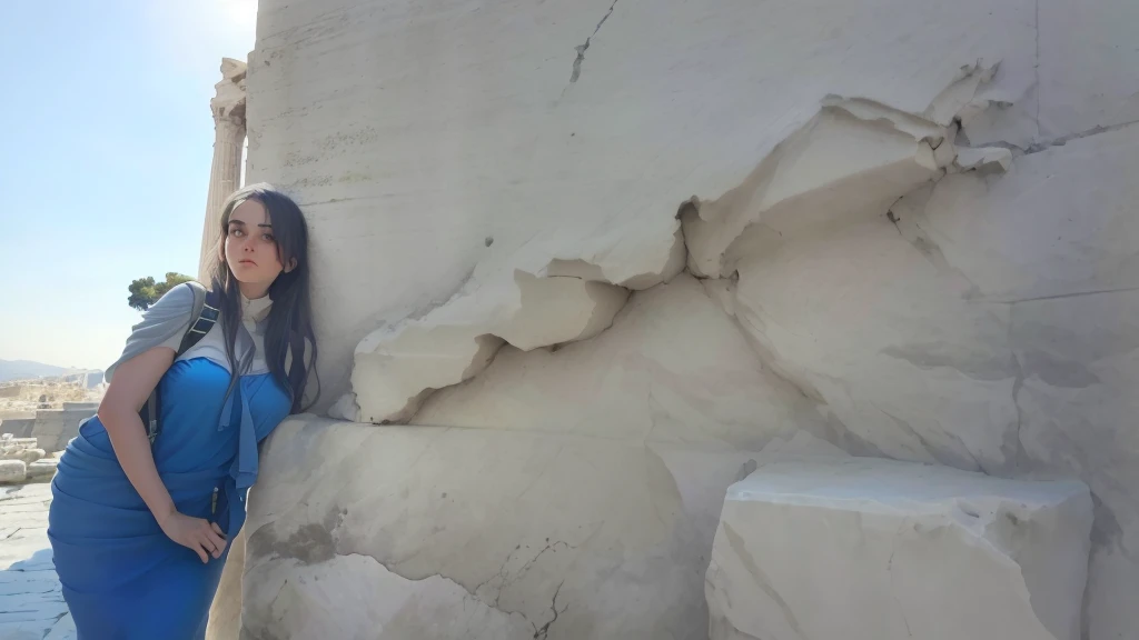 there is a slim woman leaning against a stone wall with a backpack, on a large marble wall, at ancinet agora of athens, standing before ancient ruins, marble walls, ancient ruins behind her, leaning on the wall, at the stone ruins, with a figure in the background, ruins in the background, marble columns in background, leaning against the wall, not cropped