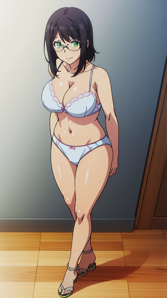 a woman standing, bra, sight smile, view at viewer,  white panties, 1woman, green eyes, big breast, glasses, adult woman, mature body, cleavage, (solo woman), anime style, high quality, detailed eyes, full body , low angle shot 