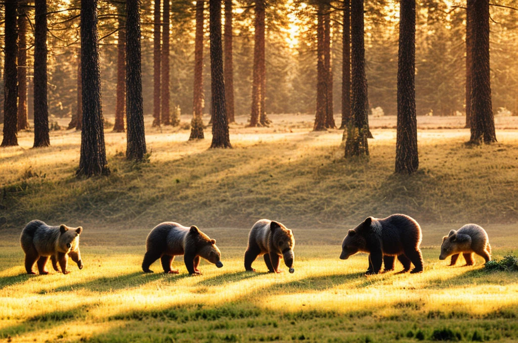 forest landscape with meadow, animals playing, bears, birds, rabbits, wolfs, masterpiece, high quality, realistic, golden hour, professional photography
