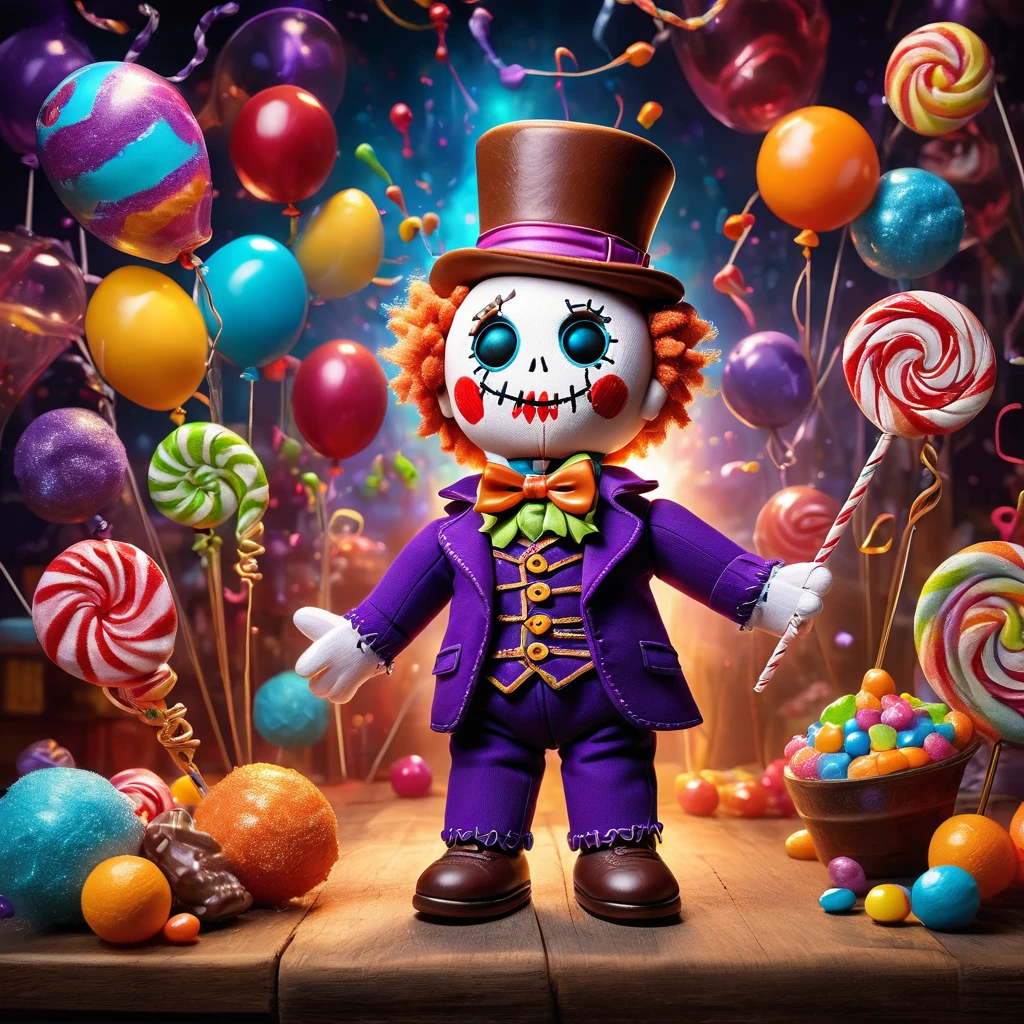 (knitted toy voodoo doll:1.7), (Voodoo Willy Wonka:1.4), (Clothing: colorful suit with glowing candy symbols:1.0), (Accessories: enchanted cane emitting sparks of confectionery magic, levitating spectral candies:1.1), (background: magical chocolate factory with floating sweets, glowing rivers, and spectral Oompa-Loompas:1.2), best quality, masterpiece, detailed soft oil painting, detailed background, dramatic cinematic lighting, soft edge lighting, professional, dramatic lighting, hard edge lighting, ultra quality, 4k, masterpiece, best quality, 8k, ultra high definition, high resolution, extremely detailed